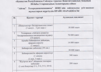«Айғақ» Телерадиокомпаниясы» ЖШС-нің сайлауалды үгіт-насихат жұмыстарын жүргізудің ПРАЙС-ПАРАҚШАСЫ